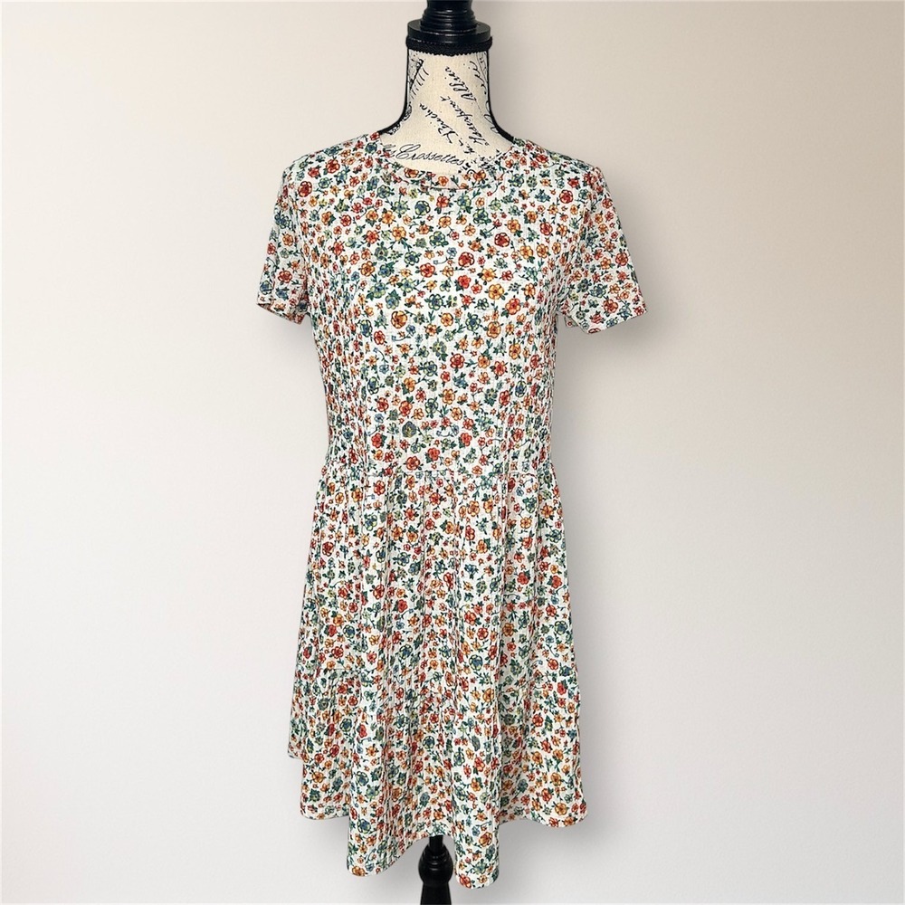 ZARA M Cream Floral Ribbed Knit Tiered Mini Dress Short Sleeve‎ Cottagecore Boho